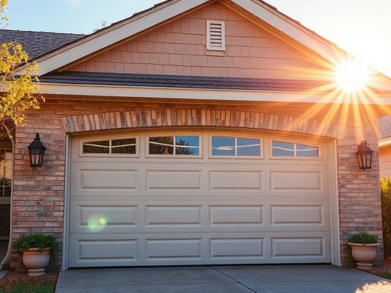 Residential garage door in bright summer sunlight with landscaping