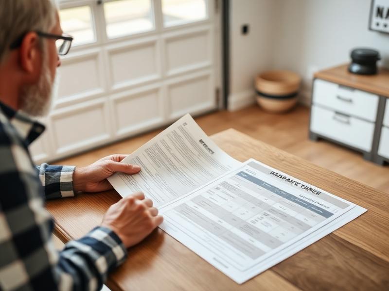 Homeowner reviewing garage door warranty documents at table